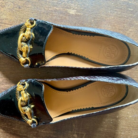 TORY BURCH Jessa black & grey leather buckle horse head block heel loafer 6M - Picture 9 of 12